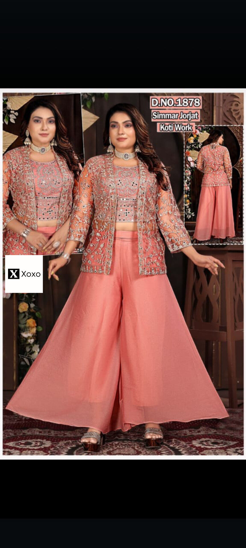 Georgette Koti Sharara Blouse Set - Rose Orange