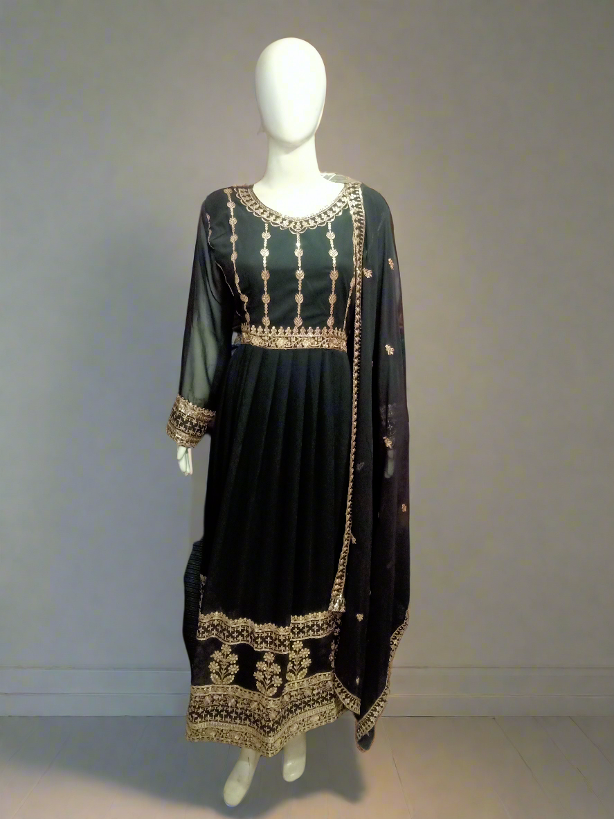 Classic Black Faux Georgette Anarkali Suit - 3 Piece, Embroidered Work, Gown