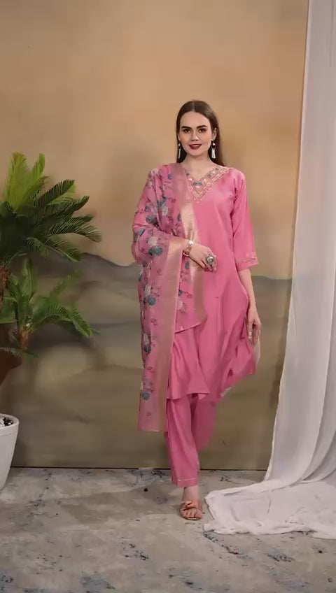 Handwork Silk - Suit with Jaquard Dupatta