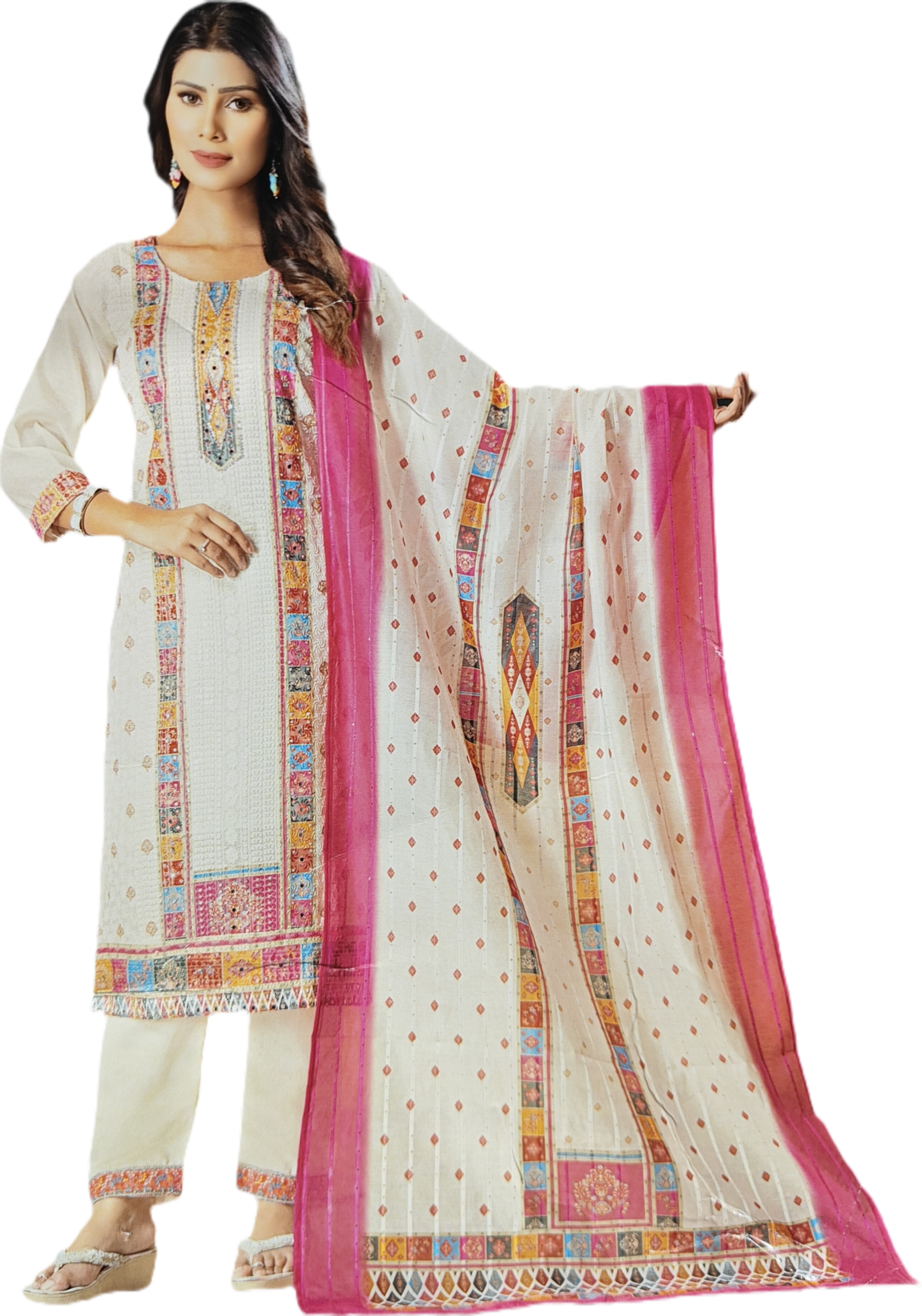 White Mirror Embroidered Work Pakistani Suit Set - Chanderi Silk, Chikan Work, Digital Print