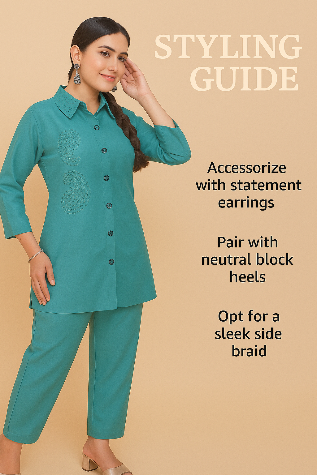 Teal Tunic Lace Collar Kurta With Pant