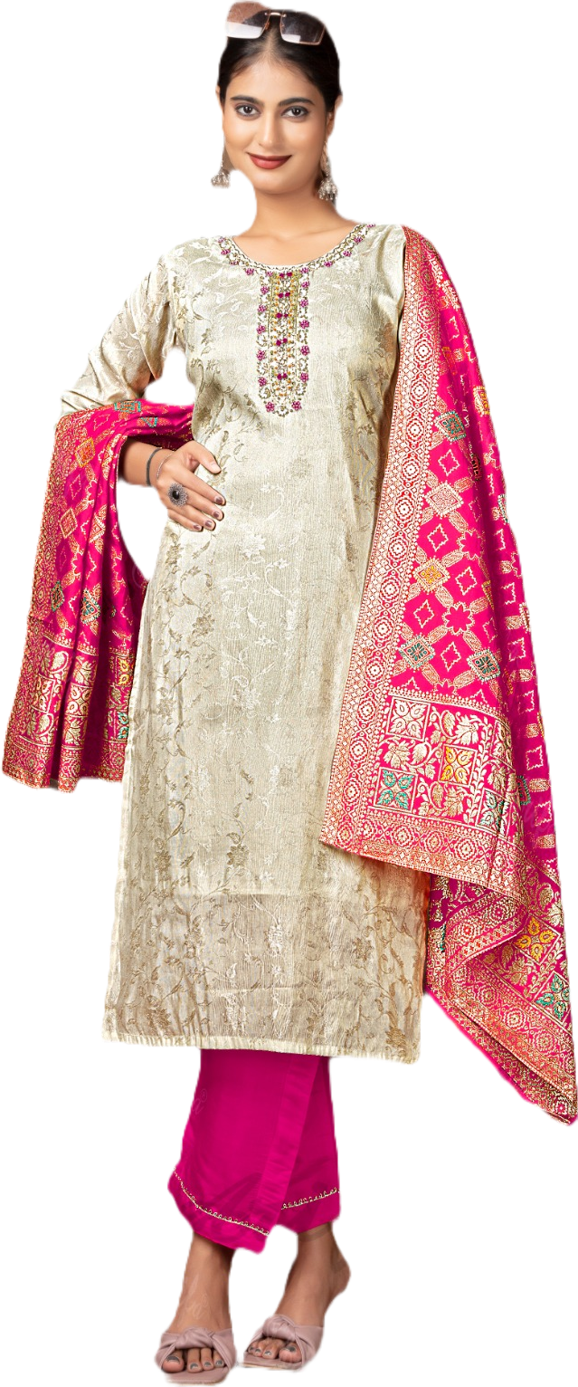 Cream Gold Chanderi Jacquard Suit Set with Hot Pink Embroidered Dupatta | Women’s Festive & Party Wear Ethnic Set