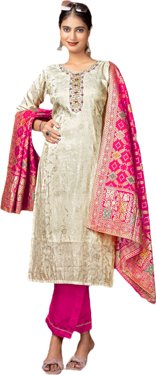 Cream Gold Chanderi Jacquard Suit Set with Hot Pink Embroidered Dupatta | Women’s Festive & Party Wear Ethnic Set