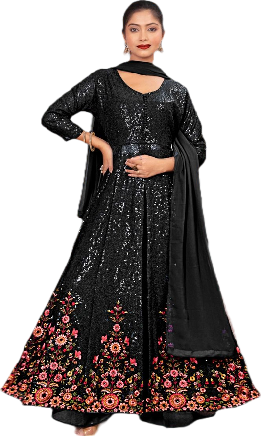 Black Fancy Elegant Heavy Sequence Work Suit Set