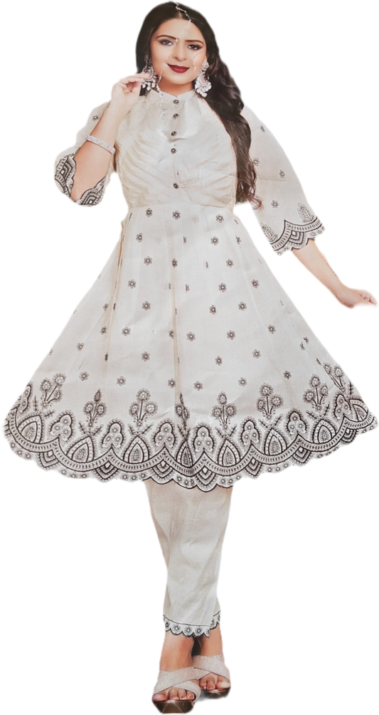 White Cotton Khadi Co-ord Dress - Black Embroidered, Khadai Hem Work, Mandarian Collar, Flared Hem Line, Khadi Cotton