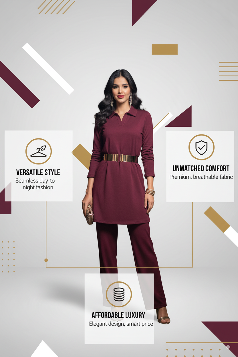 Women Maroon Co-od Set - Stylish Long Sleeves Top, Straight Pant, Elegant Western & Ethnic Wear