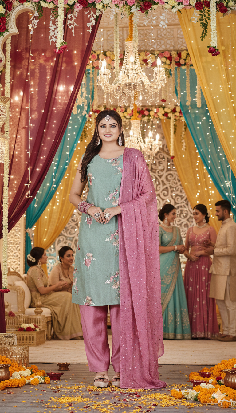 The Xoxo Women's Floral Embroidered Asymmetric Kurti Set with Pink Palazzo - Mint Green and Rose Pink, Cotton Blend, Traditional Indian Ethnic Wear