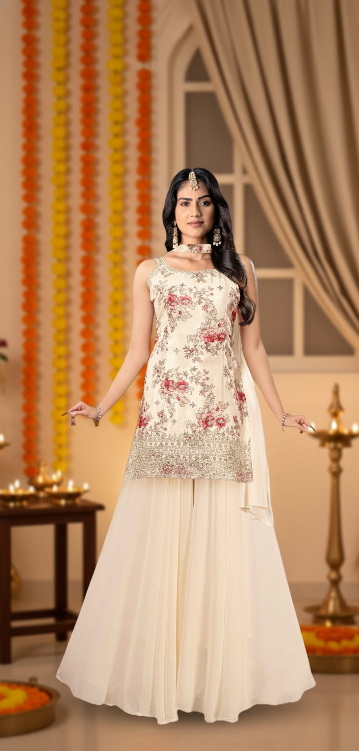 Cream Floral Embroidered Kurti With Flared Palazzo & Dupatta | Women’s Festive Ethnic Suit Set