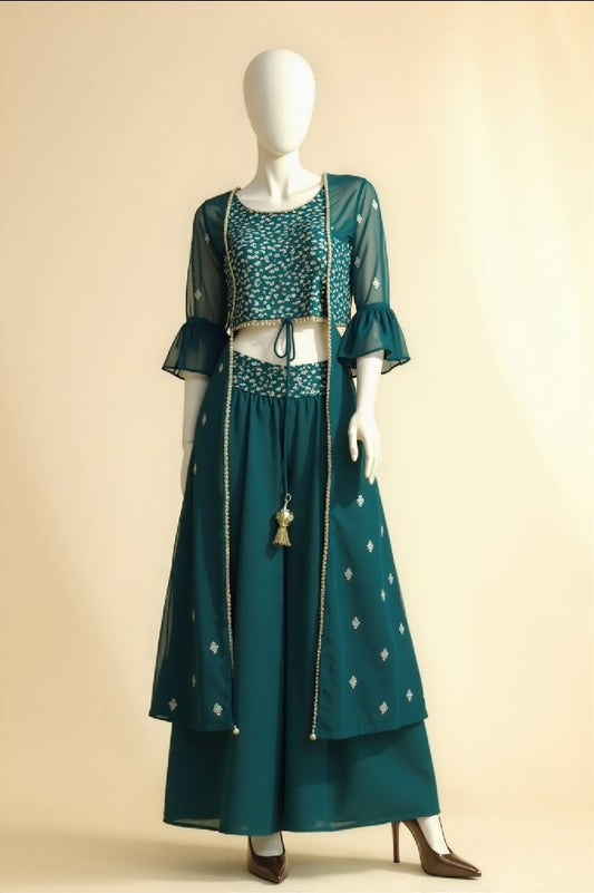 Navy Blue Georgette Embroidered Crop Top  with Long Shrug and Palazzo Set