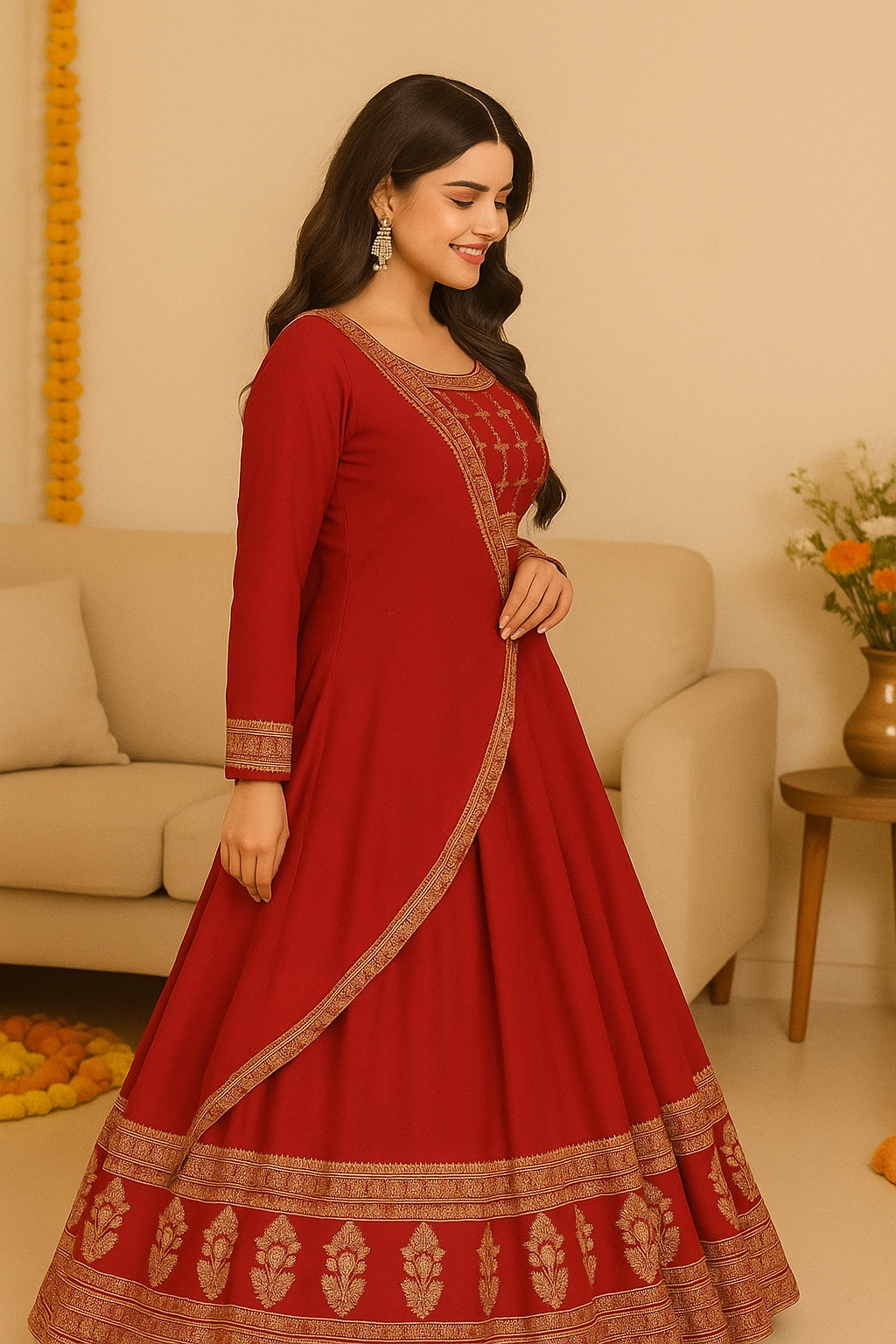 Red & Gold Embroidered INDIAN Anarkali Suit Set