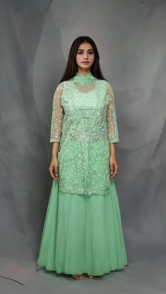 Georgette Koti Sharara Blouse Set - Mint kurti
