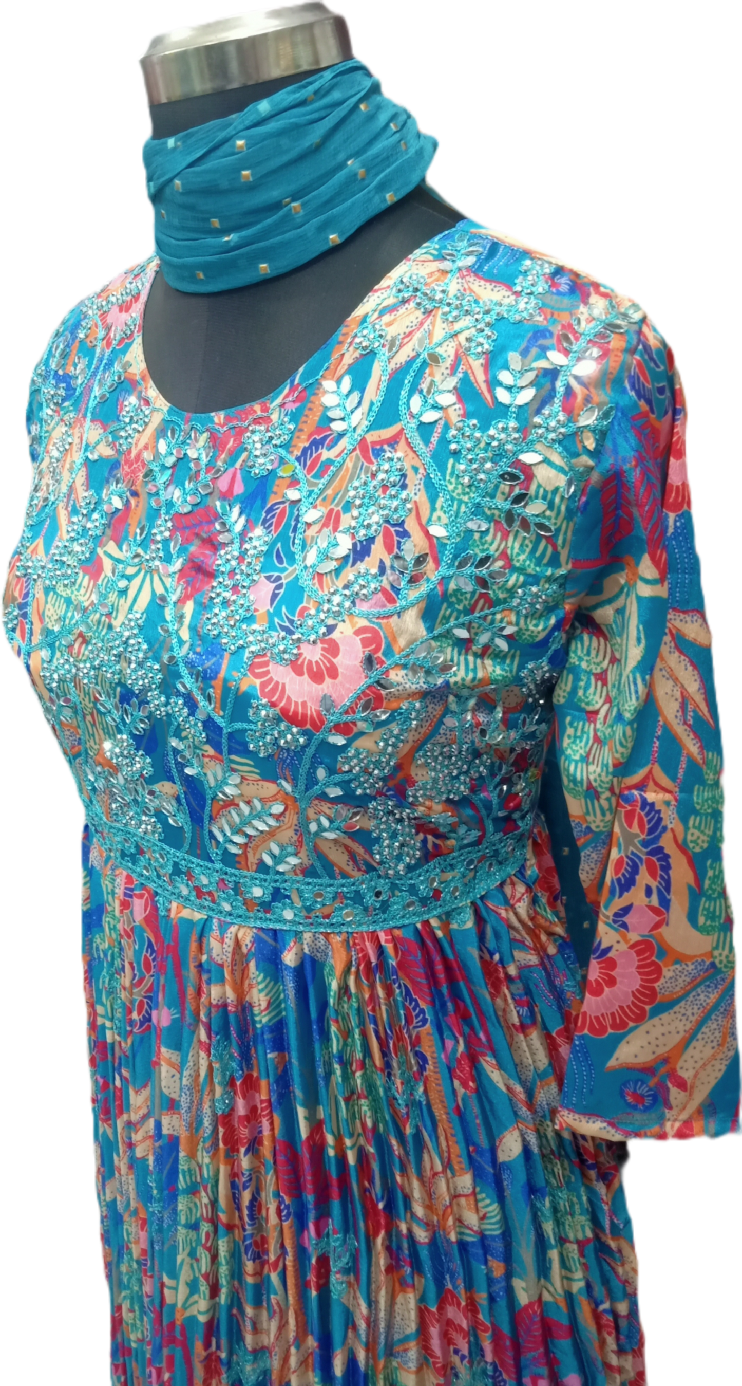 Pleated Cyan Georgette Dupatta Dress