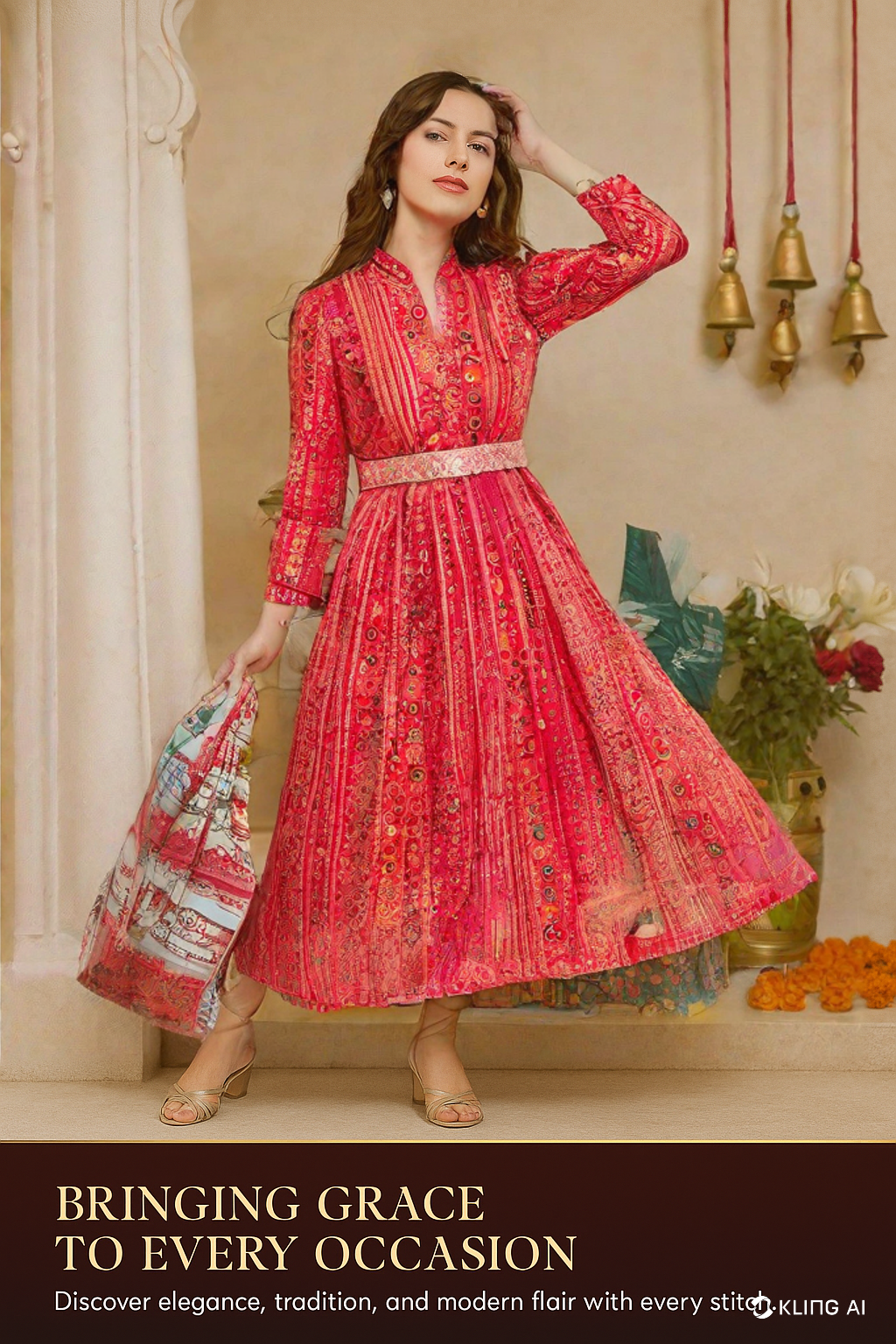 The Xoxo Women's Traditional Cotton A-Line Dress, with Belted Embroidery, V-Neck, Three Quarter Sleeve, Ankle Length