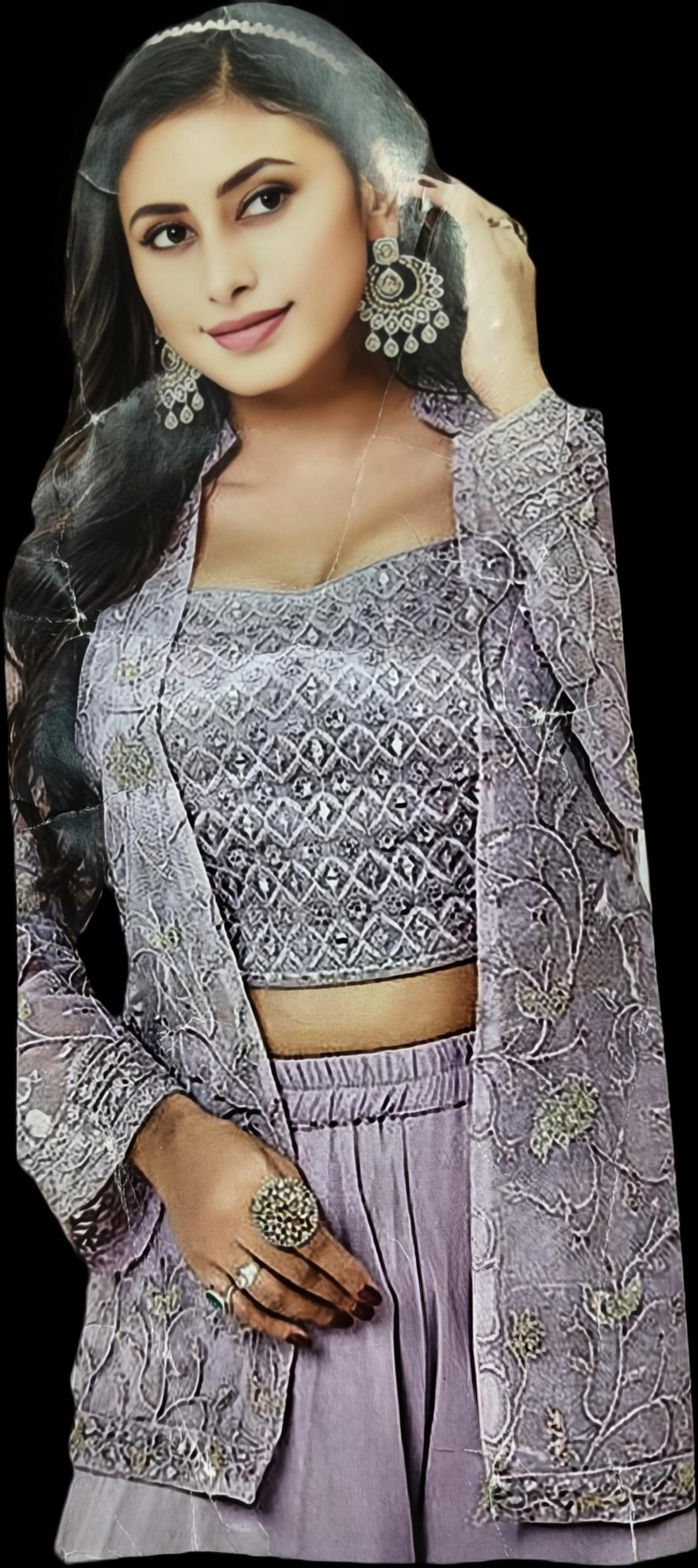 Georgette Koti Sharara Blouse Set - High Heavy Moti Work Pink Suit, Comes with Blouse, Koti & Sharara, Matching Dupatta, (Purple,XL)