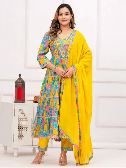 Multi Colour Cotton V-neck 3piece Suit Set