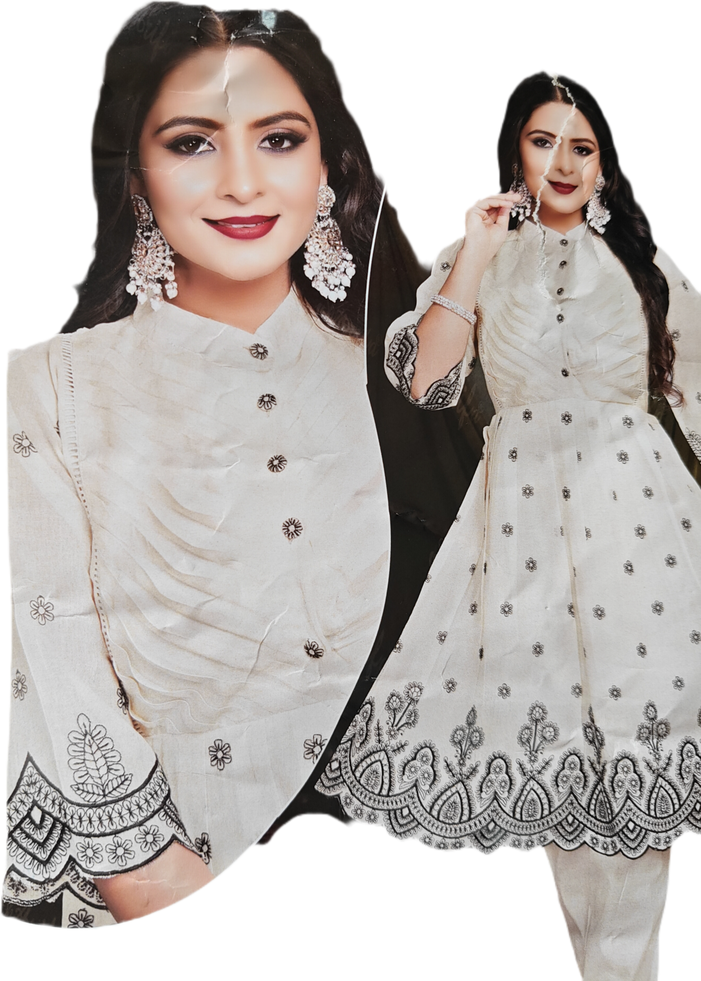 White Cotton Khadi Co-ord Dress - Black Embroidered, Khadai Hem Work, Mandarian Collar, Flared Hem Line, Khadi Cotton