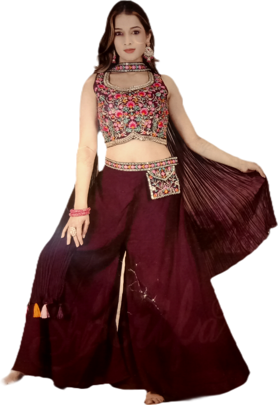 Maroon & Red Embroidered Georgette Palazzo Set