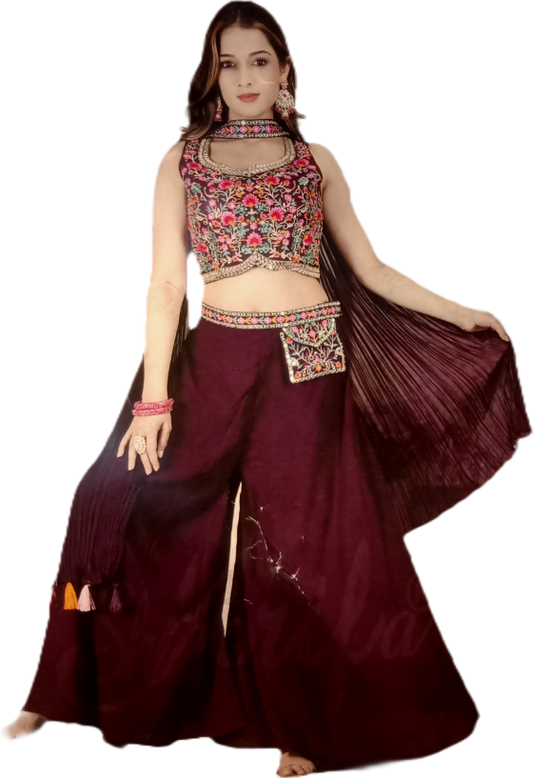 Maroon & Red Embroidered Georgette Palazzo Set
