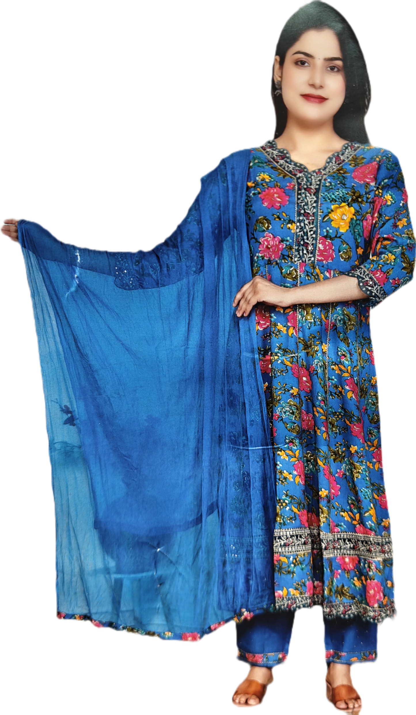 Blue Floral Printed Kurti With Pant & Dupatta Set – Women’s Ethnic Wear Cotton Suit