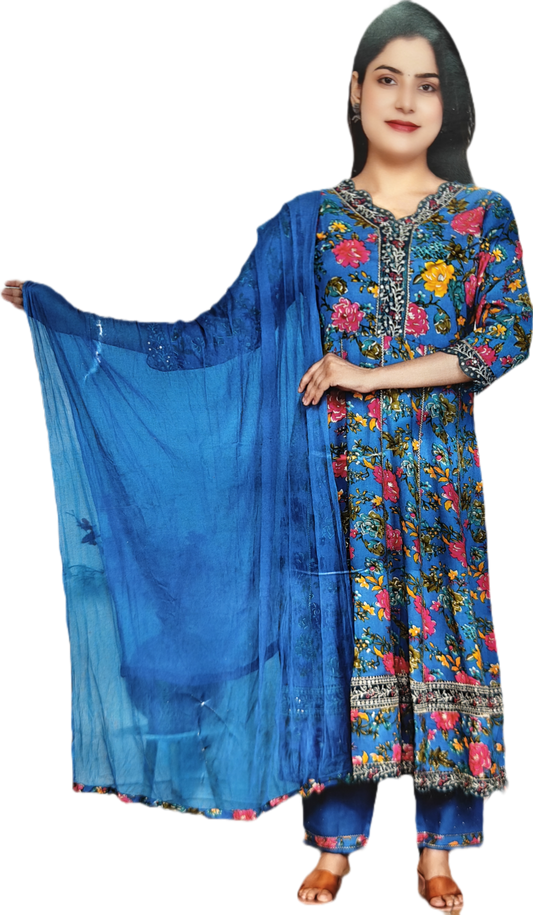 Blue Floral Printed Kurti With Pant & Dupatta Set – Women’s Ethnic Wear Cotton Suit