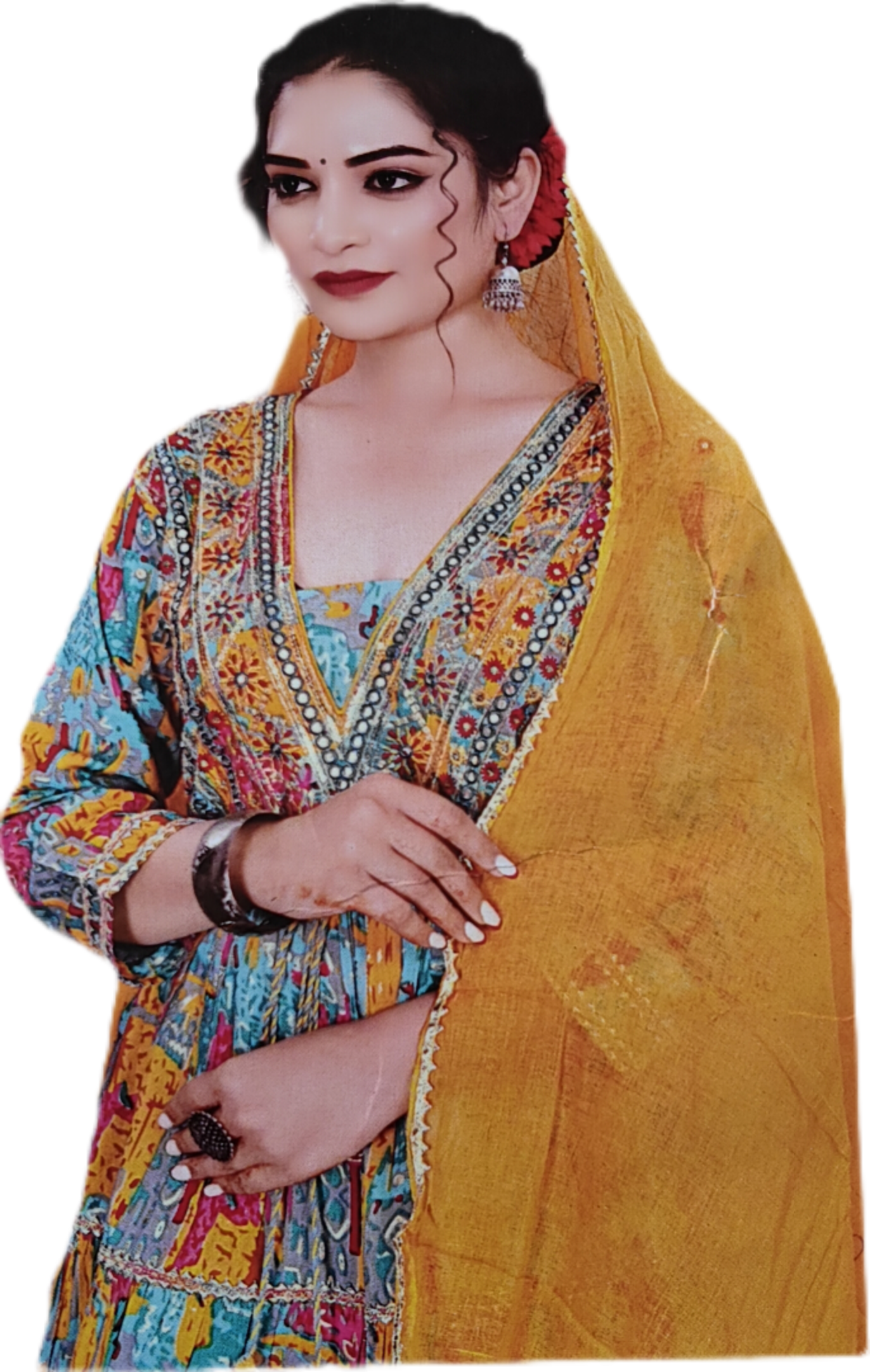 Colorful Printed Long Gown Dupatta 3 Pic Suit Set