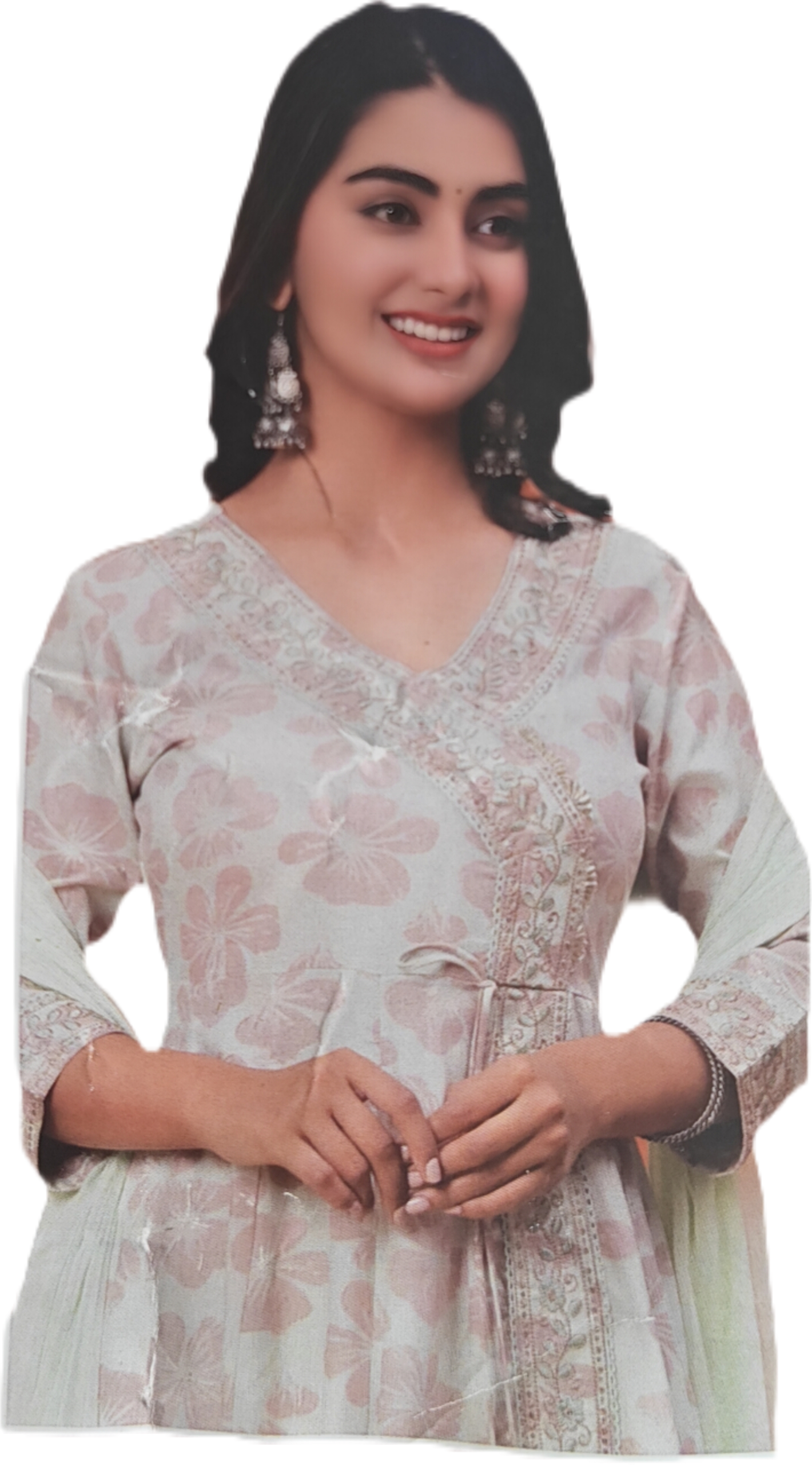 Angrakha Floral Print Pista Green Suit Set - Matching Pant & Dupatta