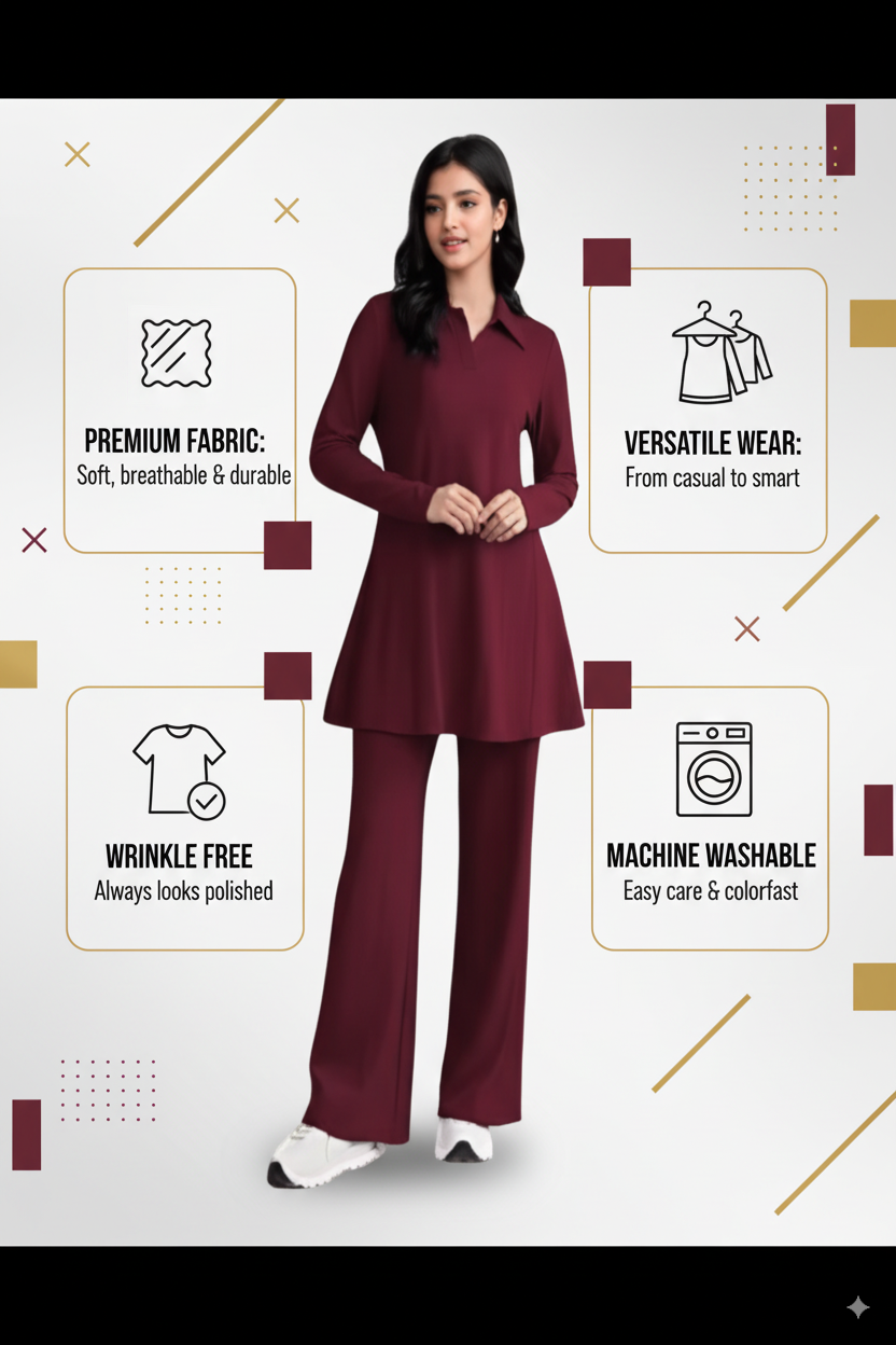 Women Maroon Co-od Set - Stylish Long Sleeves Top, Straight Pant, Elegant Western & Ethnic Wear