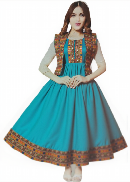 Traditional Turquoise Flared Dress with Embroidered Vest - Ethnic Print Border, Long Length