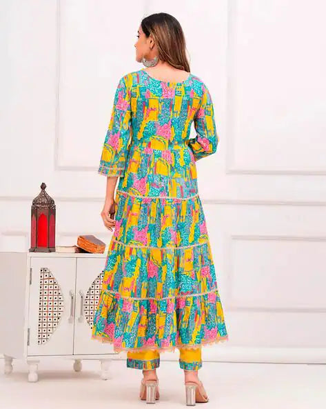Multi Colour Cotton V-neck 3piece Suit Set