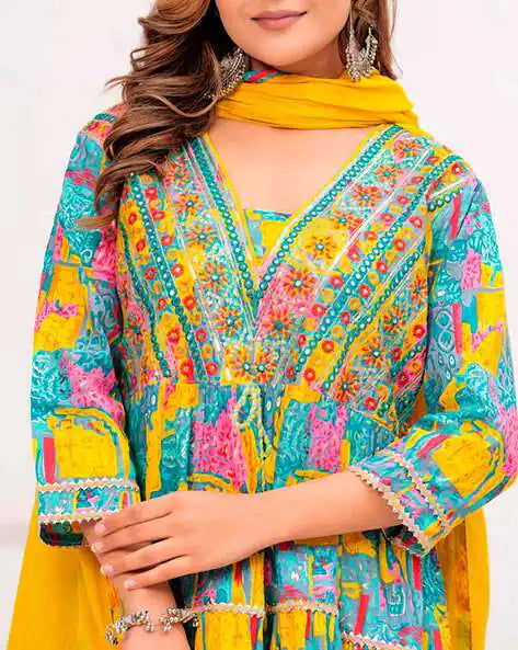 Multi Colour Cotton V-neck 3piece Suit Set