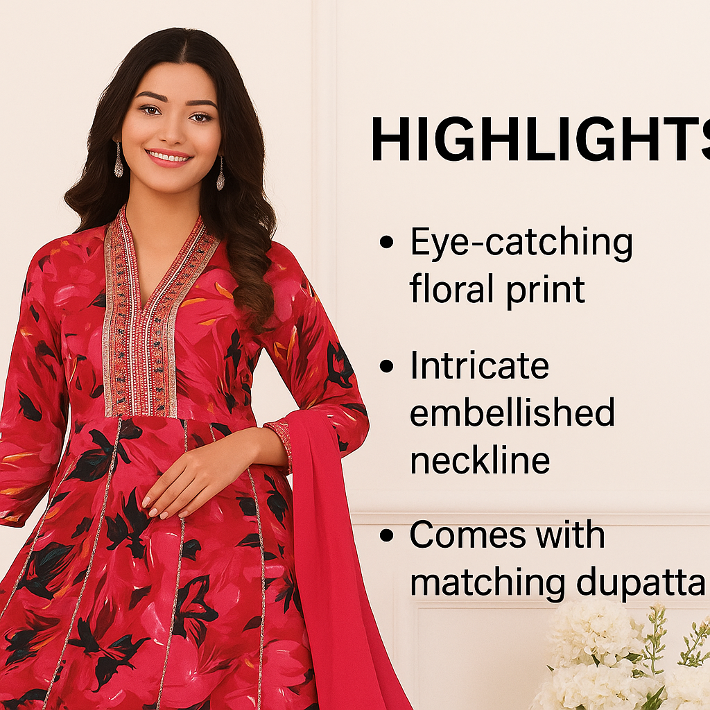 Floral Print Cotton Salwar Suit Set - Embroidered Neck Style, Pink and Black