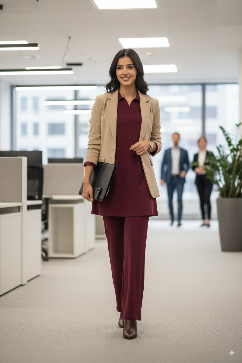Women Maroon Co-od Set - Stylish Long Sleeves Top, Straight Pant, Elegant Western & Ethnic Wear