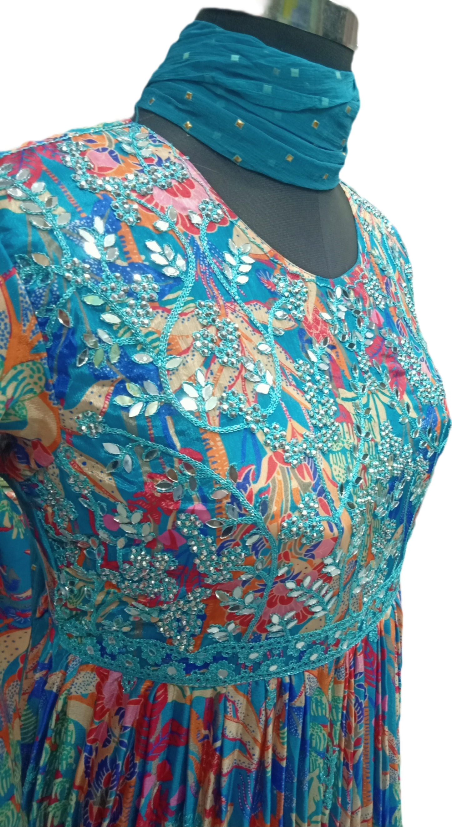 Pleated Cyan Georgette Dupatta Dress