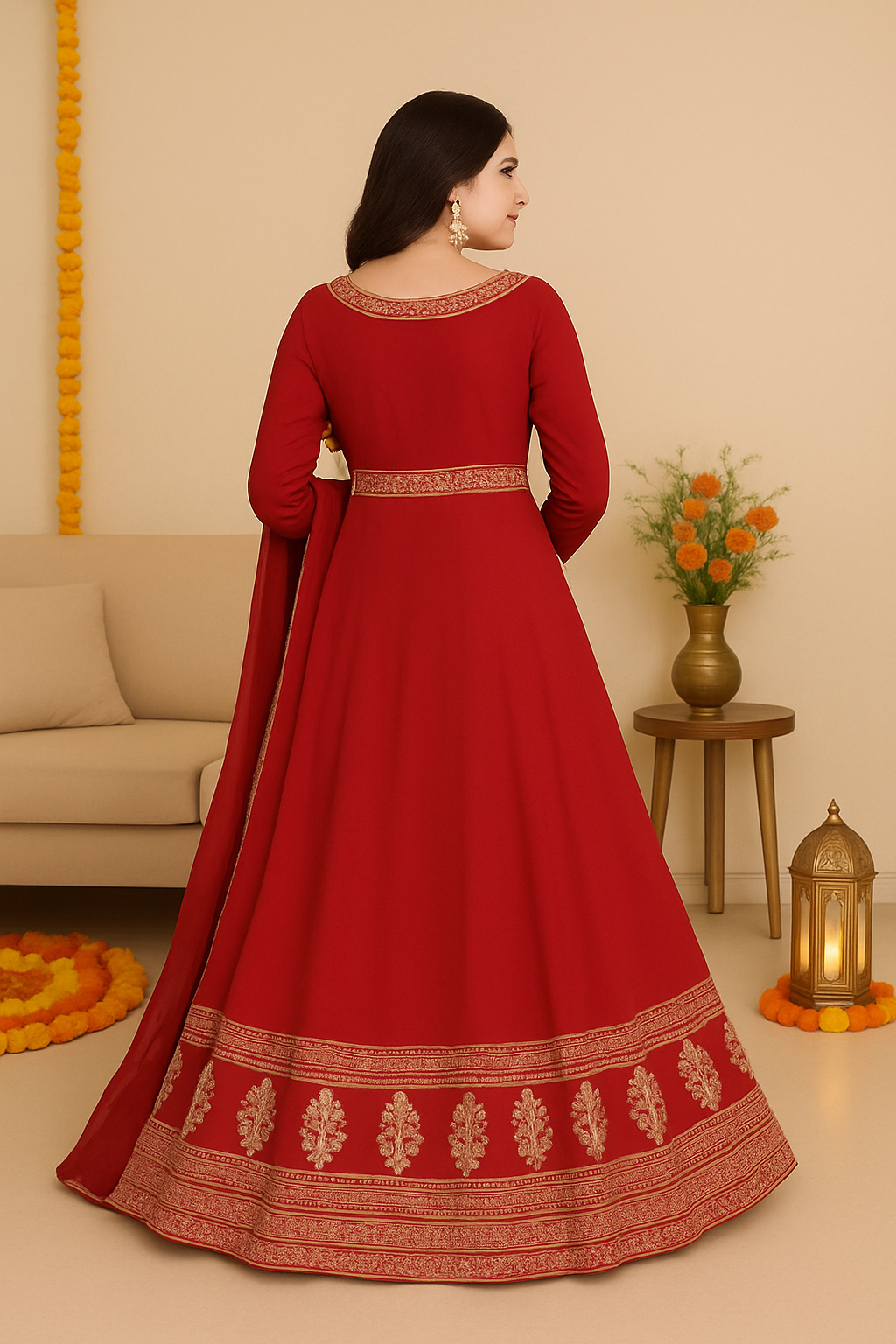 Red & Gold Embroidered INDIAN Anarkali Suit Set