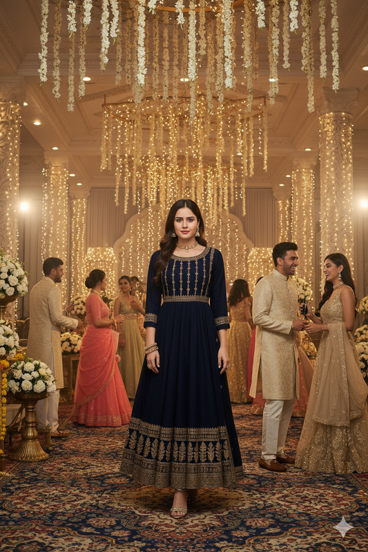 Classic Black Faux Georgette Anarkali Suit - 3 Piece, Embroidered Work, Gown