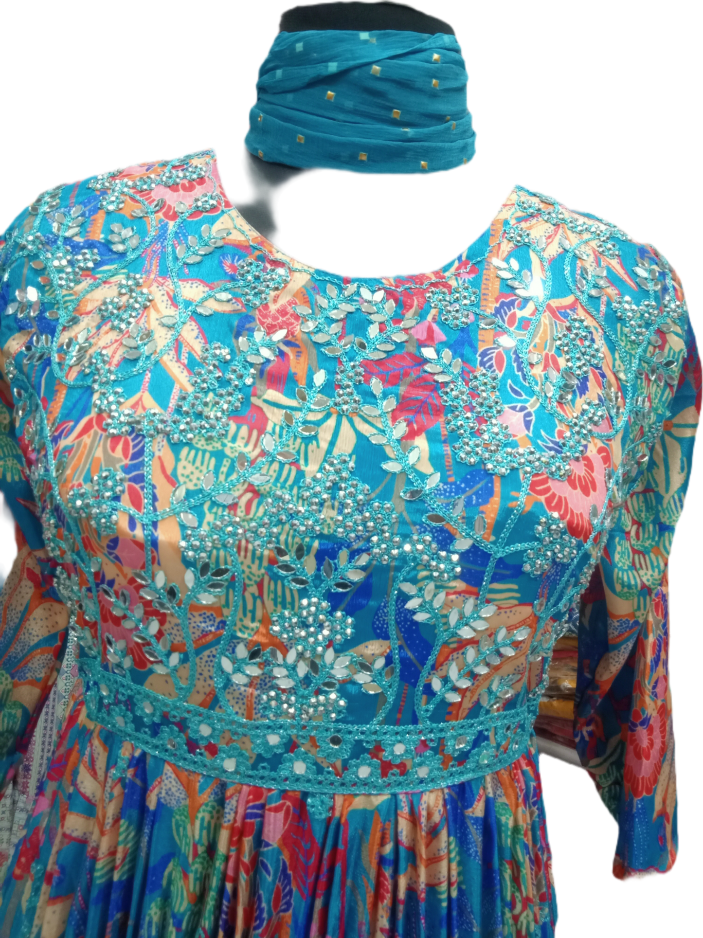 Pleated Cyan Georgette Dupatta Dress