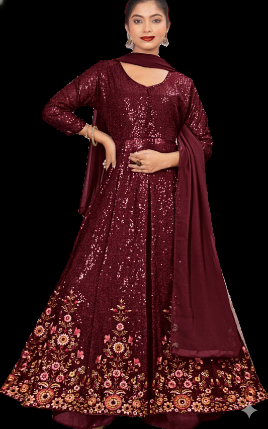 Designer Maroon Sequin Embroidered Anarkali Suit Set for Women – Partywear Ethnic Dress with Dupatta
