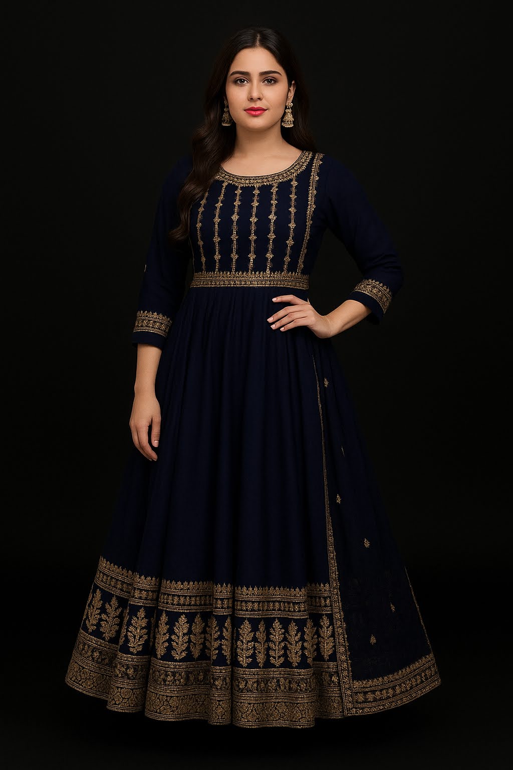 Classic Black Faux Georgette Anarkali Suit - 3 Piece, Embroidered Work, Gown