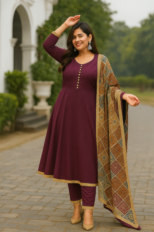 Women's Solid Rayon Long Anarkali Dress - Printed Dupatta, Button Details, Hem Details, Full Sleeves, Ankel Length, (Maroon,XL)