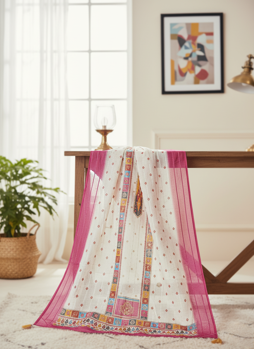 White Mirror Embroidered Work Pakistani Suit Set - Chanderi Silk, Chikan Work, Digital Print