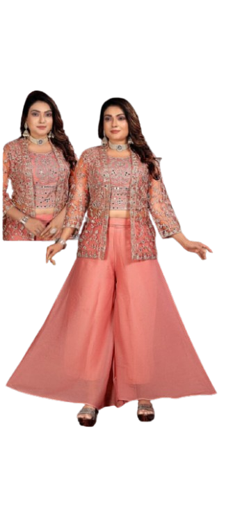 Georgette Koti Sharara Blouse Set - Rose Orange