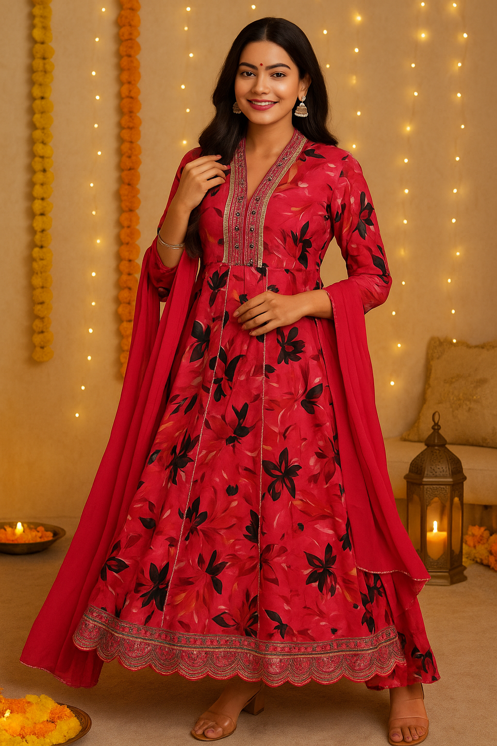 Floral Print Cotton Salwar Suit Set - Embroidered Neck Style, Pink and Black