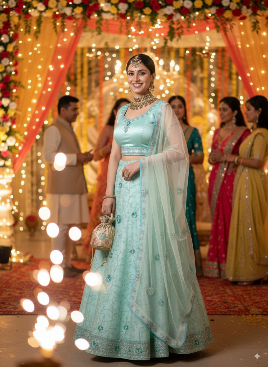 Pastel Blue Lehenga Choli set (Pista Green, XL)