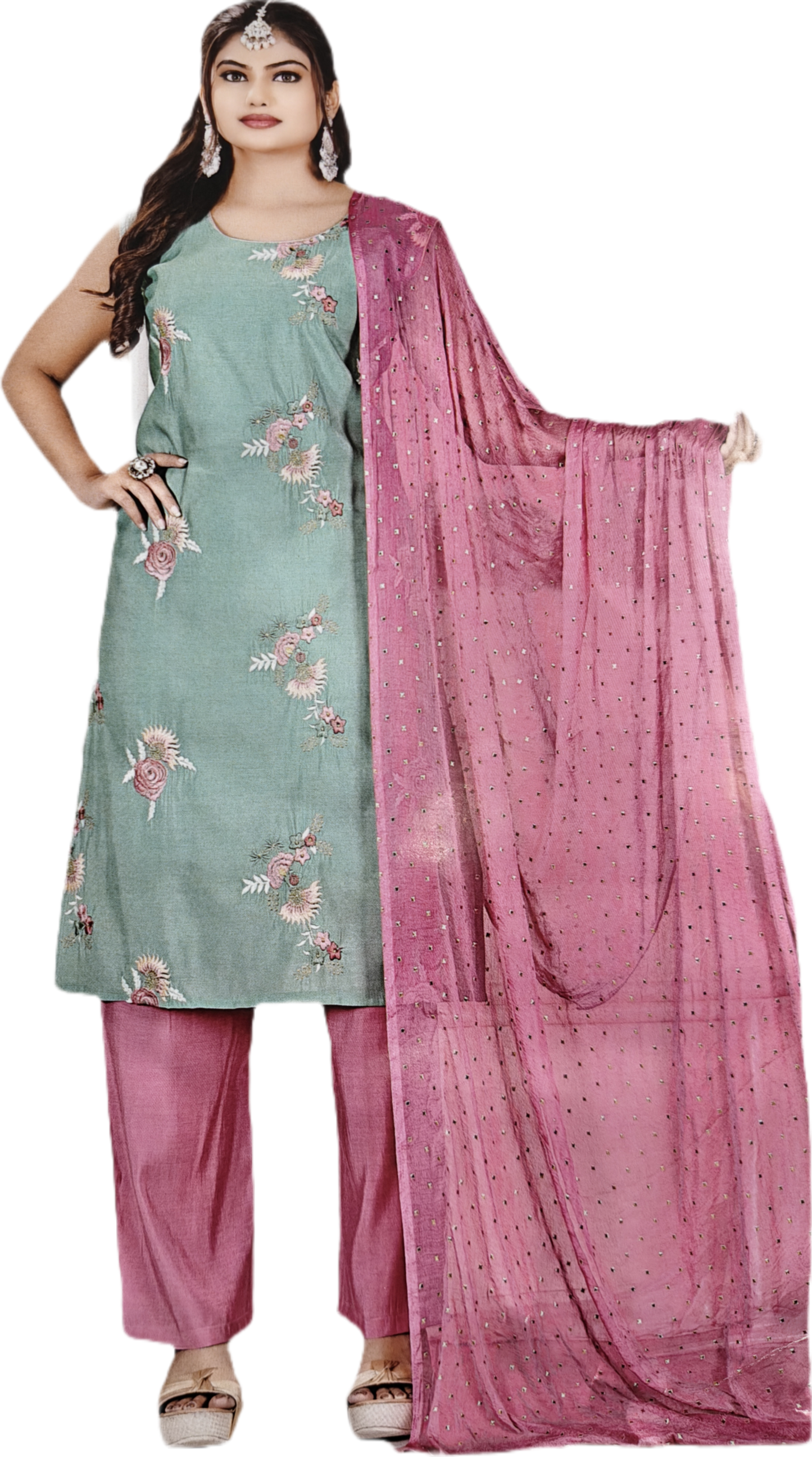 The Xoxo Women's Floral Embroidered Asymmetric Kurti Set with Pink Palazzo - Mint Green and Rose Pink, Cotton Blend, Traditional Indian Ethnic Wear
