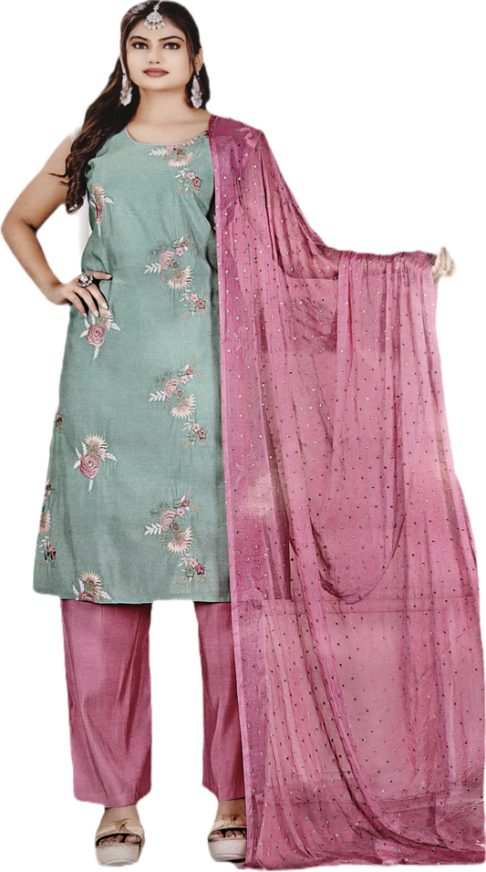 The Xoxo Women's Floral Embroidered Asymmetric Kurti Set with Pink Palazzo - Mint Green and Rose Pink, Cotton Blend, Traditional Indian Ethnic Wear