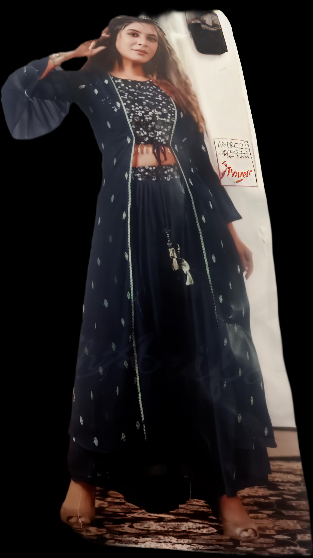 Navy Blue Georgette Embroidered Crop Top  with Long Shrug and Palazzo Set