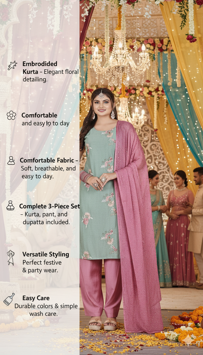 The Xoxo Women's Floral Embroidered Asymmetric Kurti Set with Pink Palazzo - Mint Green and Rose Pink, Cotton Blend, Traditional Indian Ethnic Wear