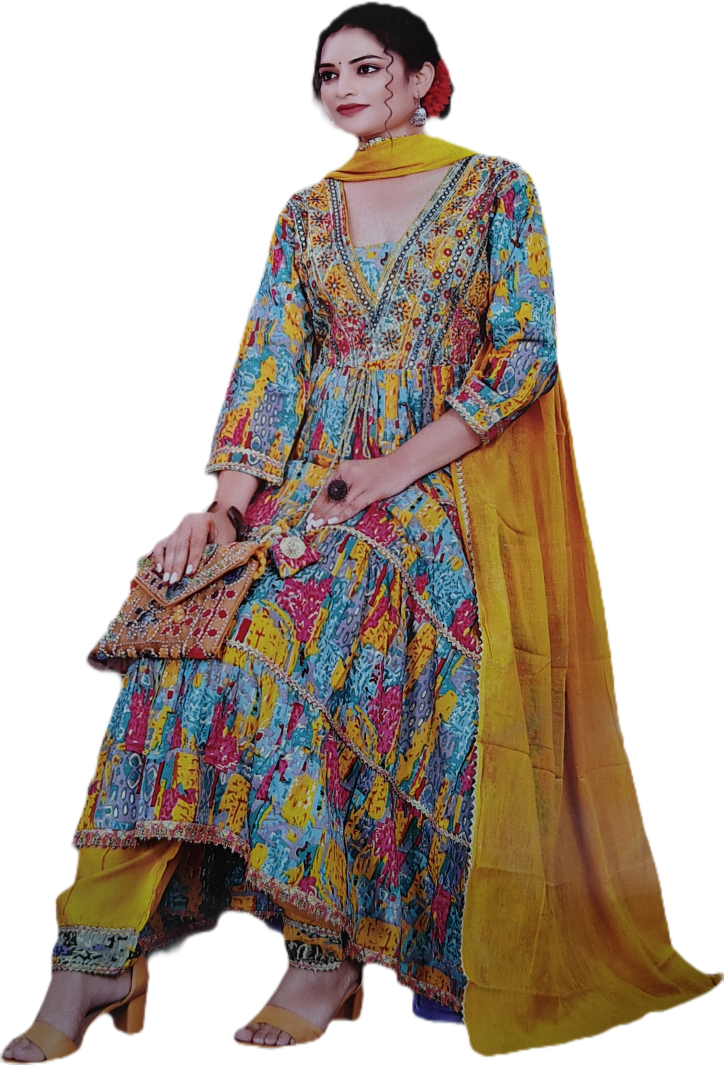 Colorful Printed Long Gown Dupatta 3 Pic Suit Set