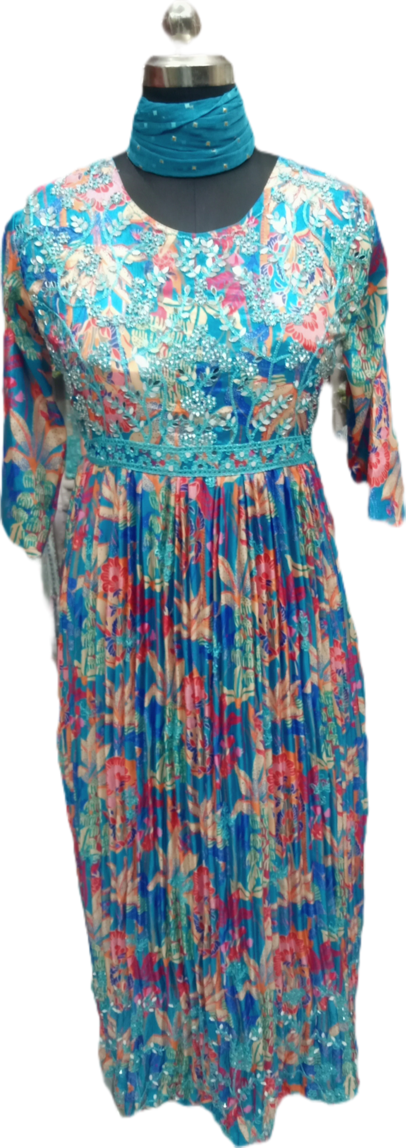 Pleated Cyan Georgette Dupatta Dress