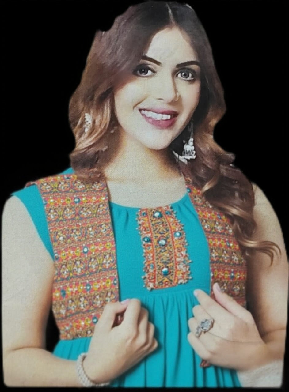 Traditional Turquoise Flared Dress with Embroidered Vest - Ethnic Print Border, Long Length